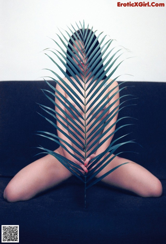 A naked woman sitting on a couch with a palm leaf in front of her.