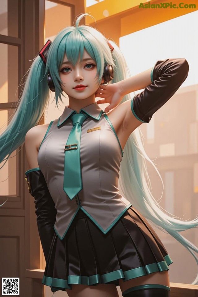 A woman with long blue hair wearing a green tie and a gray shirt.