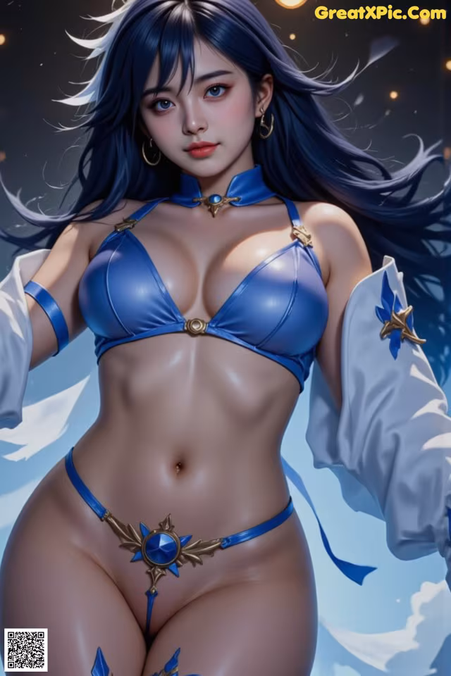 A woman in a blue bikini posing for a picture.