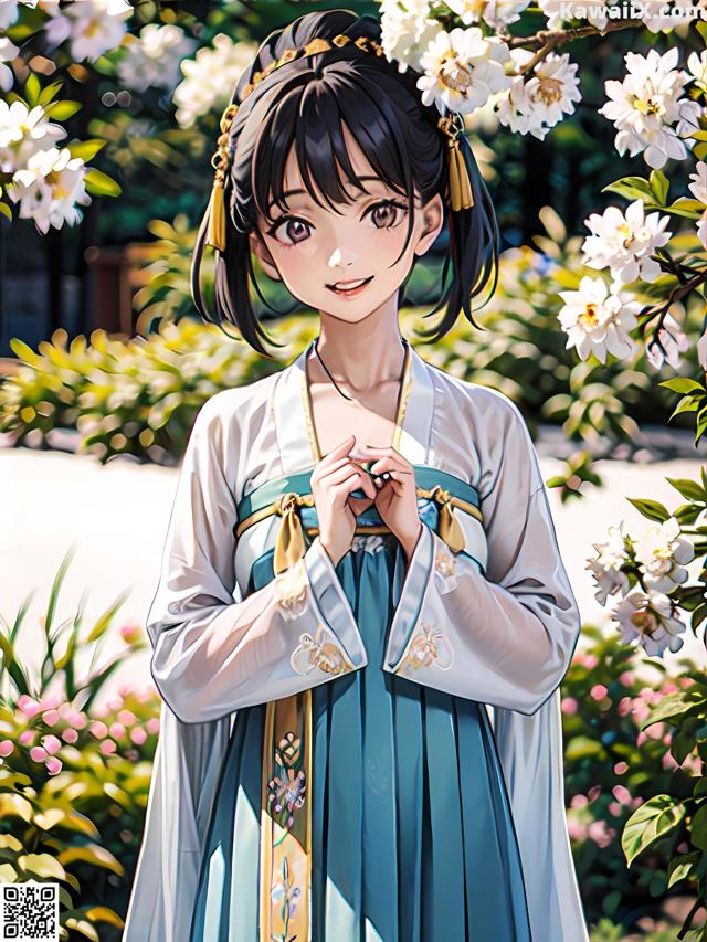 A woman in a blue dress standing in front of a flowering tree.