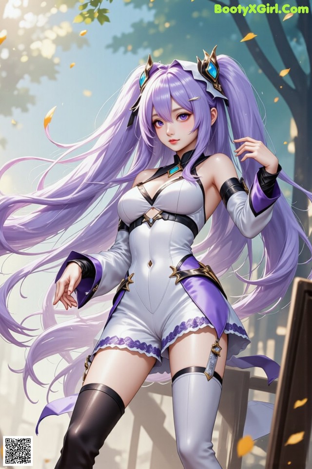 A woman with long purple hair wearing a white and purple outfit.