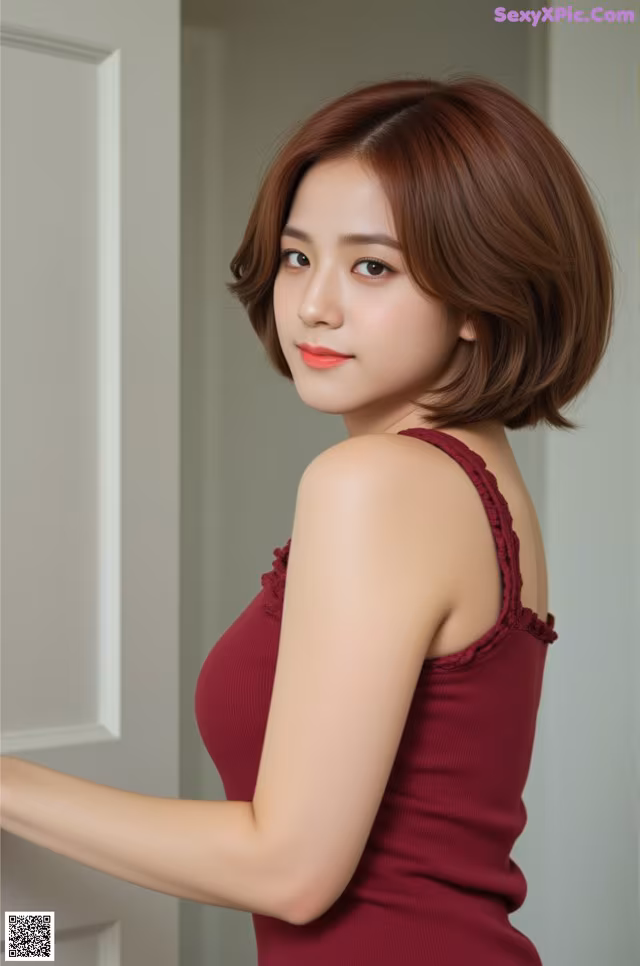 A woman in a red dress posing for a picture.