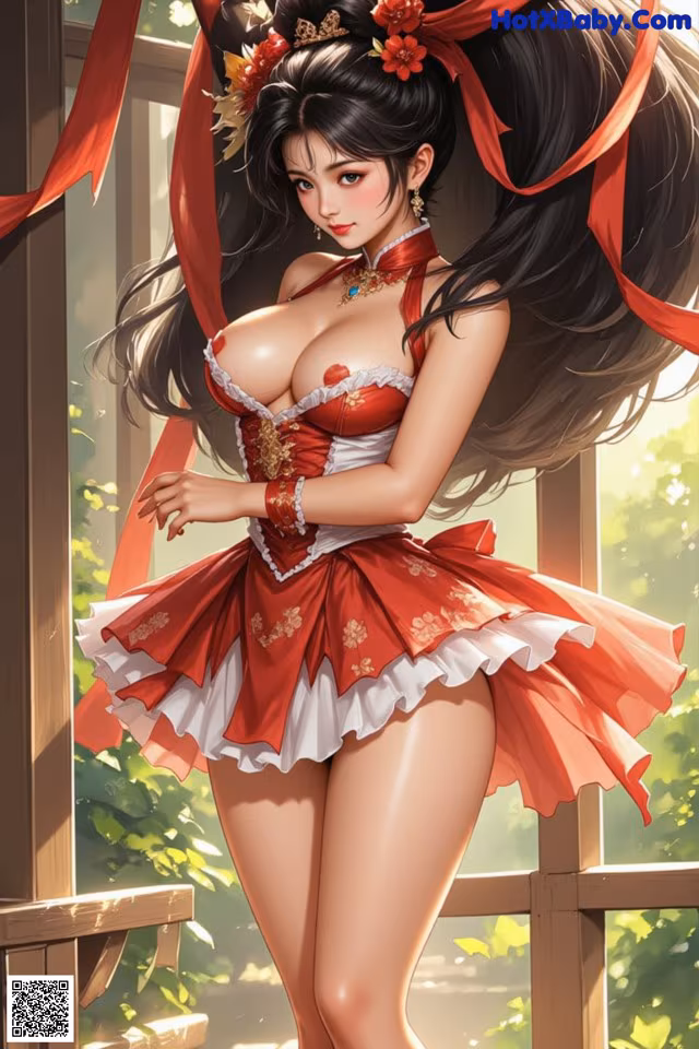 A woman in a red and white dress posing for a picture.