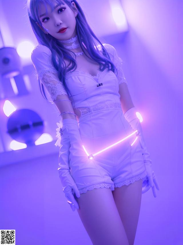 A woman in a white outfit holding a light saber.